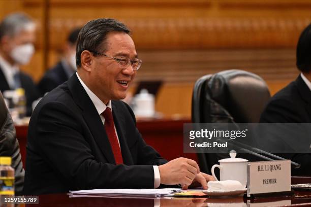 China’s Premier Li Qiang attends a meeting with Mongolia's Prime Minister Luvsannamsrain Oyun-Erdene at the Great Hall of the People at The Great...
