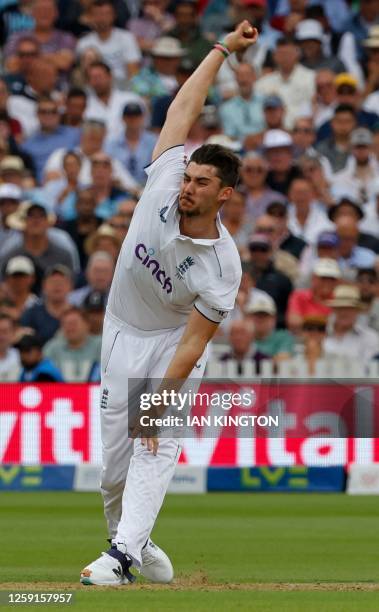England's Josh Tongue bowls on day one of the second Ashes cricket Test match between England and Australia at Lord's cricket ground in London, on...