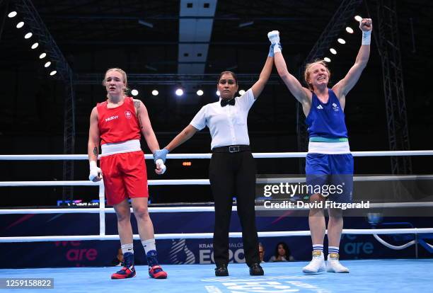 Nowy Targ , Poland - 28 June 2023; Amy Broadhurst of Ireland and Rosie Joy Eccles of Great Britain react after their Women's 66kg quarter final bout...