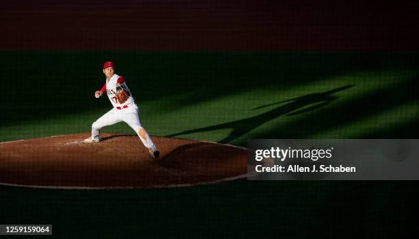 Anaheim, CA Angels starting pitcher Shohei Ohtani delivers a pitch in the third inning against the Dodgers at Angel Stadium in Anaheim Wednesday,...