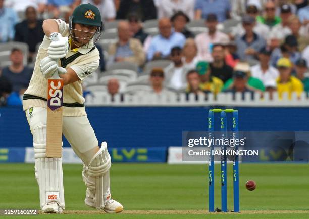 Australia's David Warner plays a shot on day one of the second Ashes cricket Test match between England and Australia at Lord's cricket ground in...