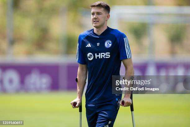 Florian Flick of FC Schalke 04 looks on during a training session at Parkstadion on June 26, 2023 in Gelsenkirchen, Germany. FC Schalke 04 returned...