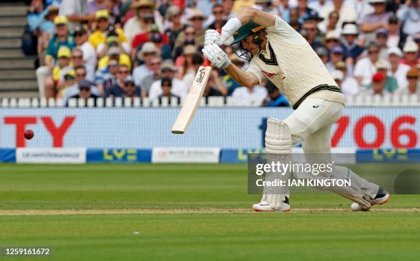 Australia's Marnus Labuschagne plays a shot for four runs on day one of the second Ashes cricket Test match between England and Australia at Lord's...