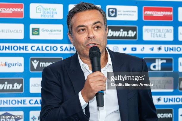 Andrea Radrizzani, co-owner of Sampdoria, speaks to the audience during a press conference held to announce the arrival of Andrea Pirlo as new head...