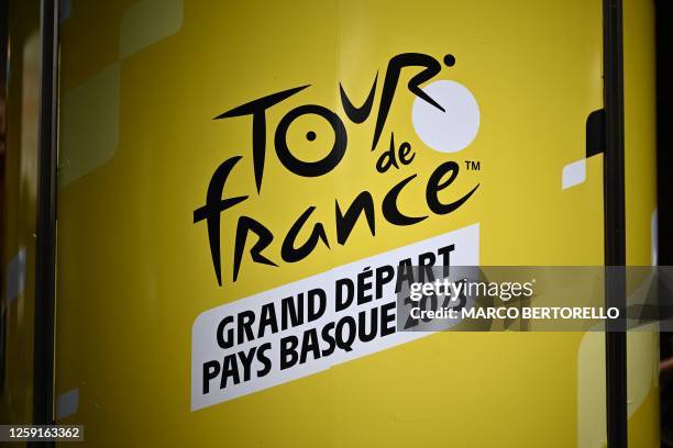 This photograph taken on June 28, 2023 shows a logo of the Tour de France ahead of the 110th edition of the cycling race, in Bilbao. The Tour de...