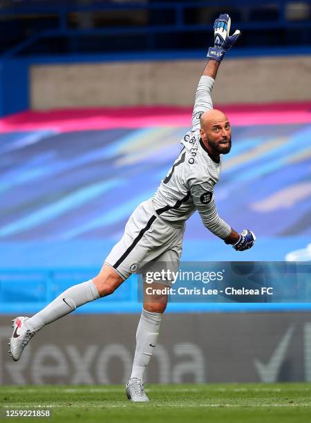 Willy Caballero of Chelsea in action during the Premier League match between Chelsea FC and Wolverhampton Wanderers at Stamford Bridge on July 26,...
