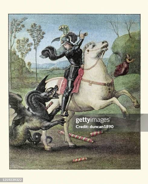 st. george and the dragon, after raphael - saint-george-saint stock illustrations