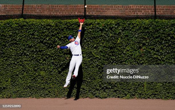 Albert Almora Jr. #5 of the Chicago Cubs makes a catch on a fly ball hit by Logan Morrison of the Milwaukee Brewers during the ninth inning of a game...