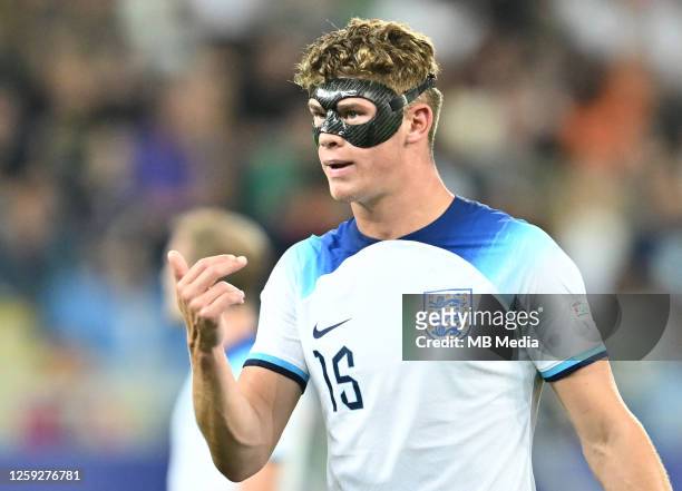 Charlie Cresswell of England directs his team-mates during the UEFA Under-21 Euro 2023 Group C match between England and Germany at Adjarabet Arena...