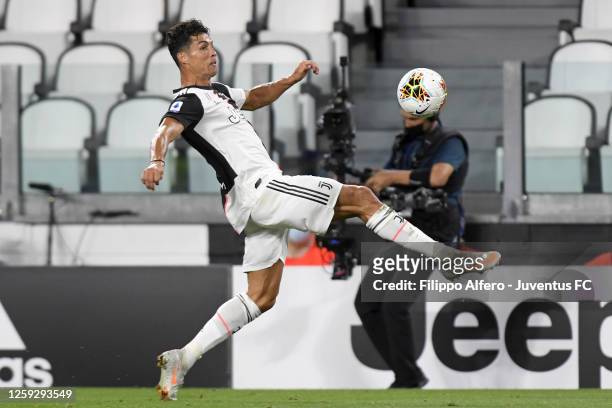 Cristiano Ronaldo of Juventus kicks the ball during the Serie A match between Juventus and UC Sampdoria at Allianz Stadium on July 26, 2020 in Turin,...