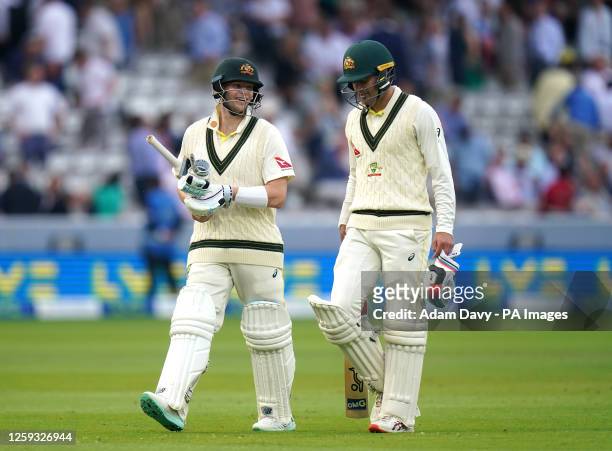 Australia batting partnership Steve Smith and Alex Carey at the end of day one of the second Ashes test match at Lord's, London. Picture date:...