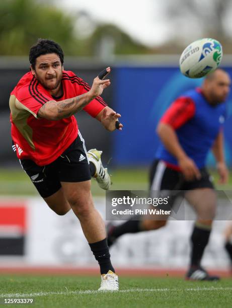 Piri Weepu of the All Blacks passes the ball during a New Zealand All Blacks IRB Rugby World Cup 2011 training session at Trusts Stadium on September...