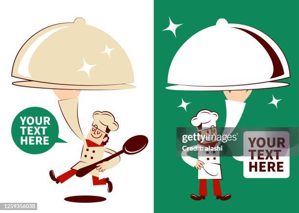 smiling chef serving big domed tray (dish food cover dome with plate) with two postures - serving dish stock illustrations