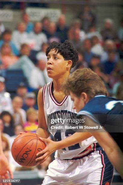 University of Connecticut player Nykesha Sales sets up for a free throw during a game at Gampel Pavilion in Storrs, CT, 1997.