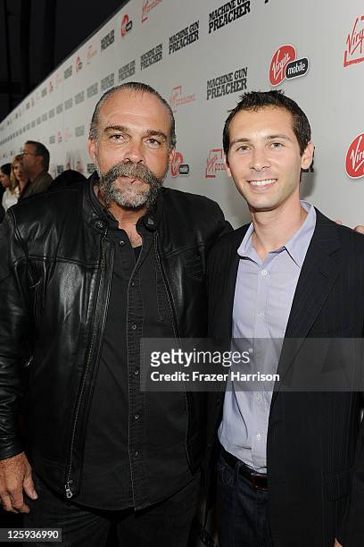 Humanitarian Sam Childers and Virgin Produced's Justin Berfield arrive at the "Machine Gun Preacher" Los Angeles premiere at Academy of Television...