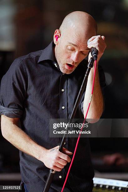 Michael Stipe of R.E.M. Sings as he records an album in Bryan Adam's recording studio March 5, 2007 in Vancouver, British Columbia.