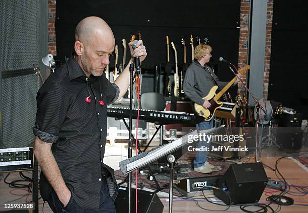 Mike Mills and Michael Stipe of R.E.M. Record an album in Bryan Adam's recording studio March 5, 2007 in Vancouver, British Columbia.