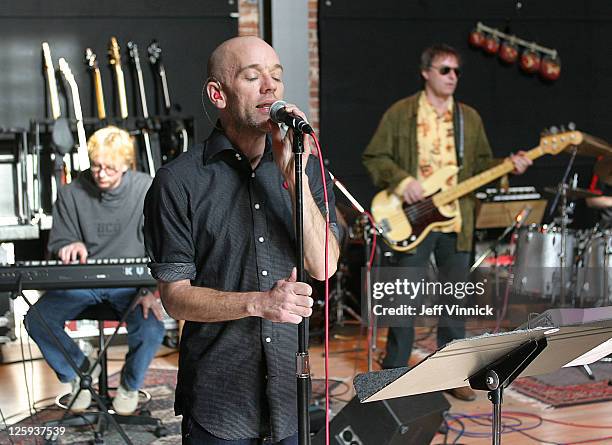 Mike Mills, Michael Stipe and Peter Buck of R.E.M. Record an album in Bryan Adam's recording studio March 5, 2007 in Vancouver, British Columbia.