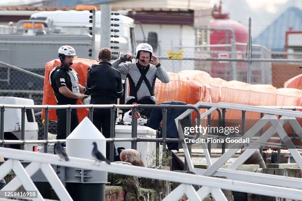 The American Magic team skipper Dean Barker prepares to head out on the yacht Defiant at for testing on the Hauraki Gulf on July 27, 2020 in...