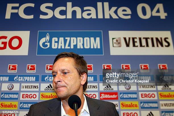 Manager Horst Heldt speaks during the FC Schalke press conference at the Veltins Arena on September 22, 2011 in Gelsenkirchen, Germany.
