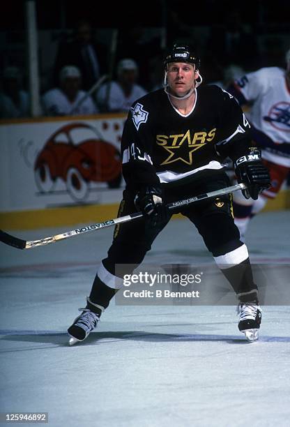 Gord Donnelly of the Dallas Stars skates on the ice during an NHL game against the Winnipeg Jets on March 2, 1994 at the Winnipeg Arena in Winnipeg,...