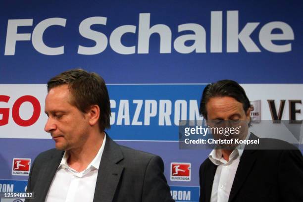 Manager Horst Heldt and doctor Thorsten Rarreck attend the FC Schalke press conference at the Veltins Arena on September 22, 2011 in Gelsenkirchen,...