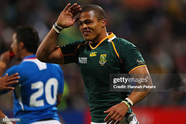 Juan de Jongh of South Africa celebrate scoring his tenth try during the IRB 2011 Rugby World Cup Pool B match between South Africa and Namibia at...