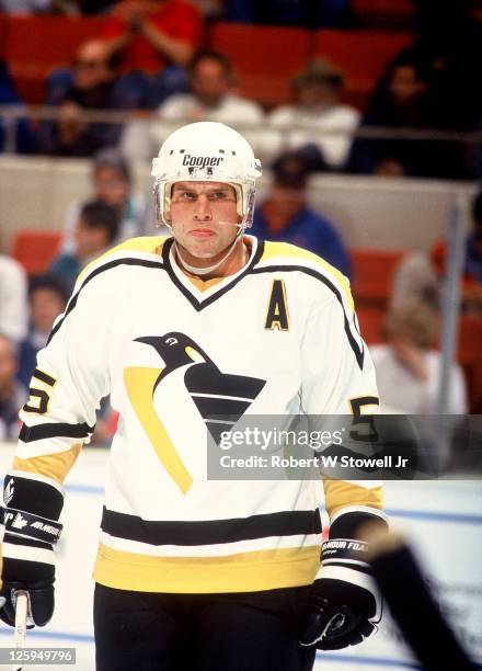 Pittsburgh Penguins defenseman Ulf Samuelsson looks upset during a game in Hartford CT 1993.