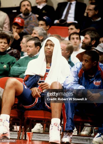 New Jersey Nets forward Derrick Coleman looks on from the bench during a game against the Boston Celtics, Hartford, CT, 1992.