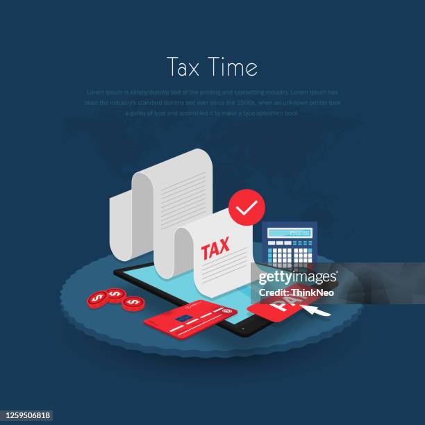 ilustrações de stock, clip art, desenhos animados e ícones de tax accounting, expenses, budget calculation. clipboard, tax form. pay tax online - irc