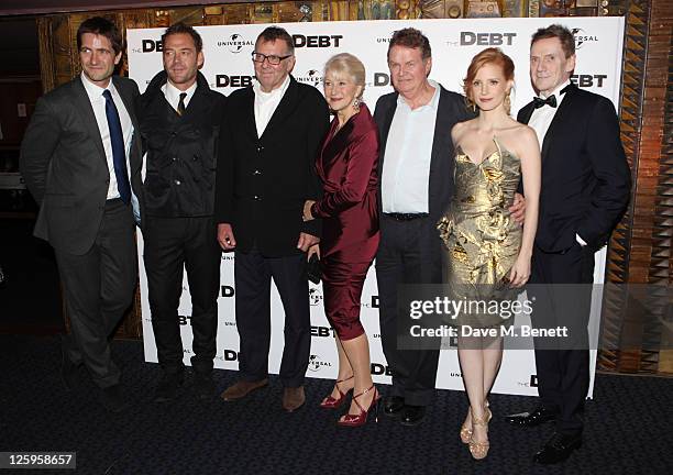 Kris Thykier, Marton Csokas, Tom Wilkinson, Dame Helen Mirren, John Madden, Jessica Chastain and Jesper Christensen attend "The Debt" UK premiere at...