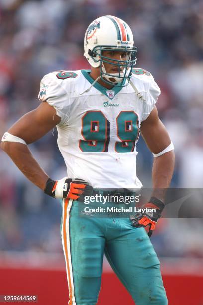 Jason Taylor of the Miami Dolphins looks on during a NFL football game against the New England Patriots on October 10, 2004 at Gillette Stadium...