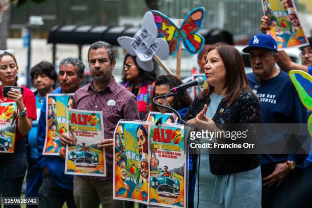 Los Angeles, CA Angelica Salas, Director of the Coalition for Humane Immigrant Rights of Los Angeles speaks during a press conference near Los...