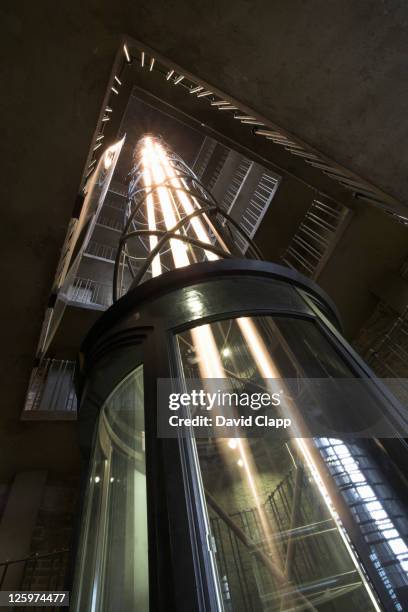 long exposure of a slow lift inside the clock tower, prague, czechoslovakia, czech republic, europe - lift shaft stock pictures, royalty-free photos & images