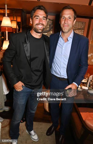 French tennis player Jérémy Chardy and Greg Rusedski attend Wimby Wednesday hosted by The Aubrey at Mandarin Oriental Hyde Park on June 28, 2023 in...