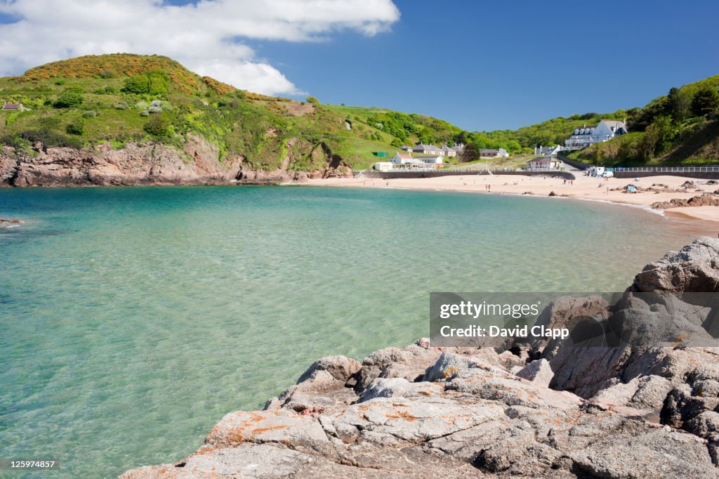 The beach at Greve de Leq, a popular tourist location on the north coast in Jersey, Channel Islands