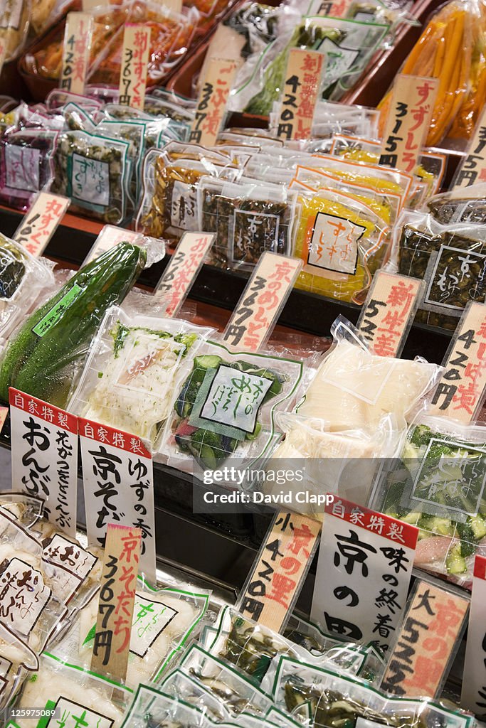 Pickles or tsukemono, a side dish or okazu, vegetables preserved in sauces, traditional Japanese cooking in a food market in Kyoto, Japan