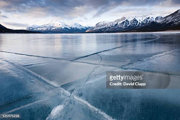 cracked ice on frozen glacial lake, abraham lake, canadian rockies, alberta, canada - canada rockies fotografías e imágenes de stock