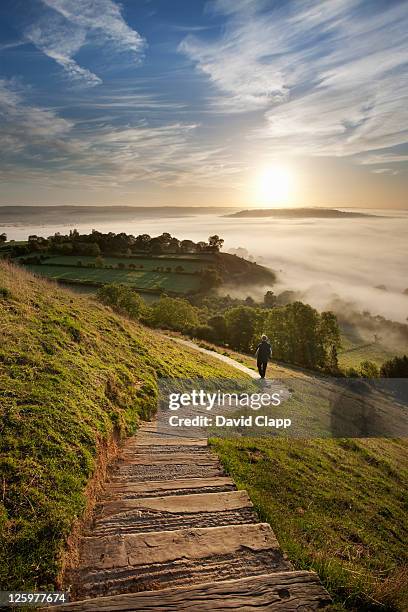 man walking down steps, glastonbury tor, somerset levels, somerset, england, uk - glastonbury tor ストックフォトと画像