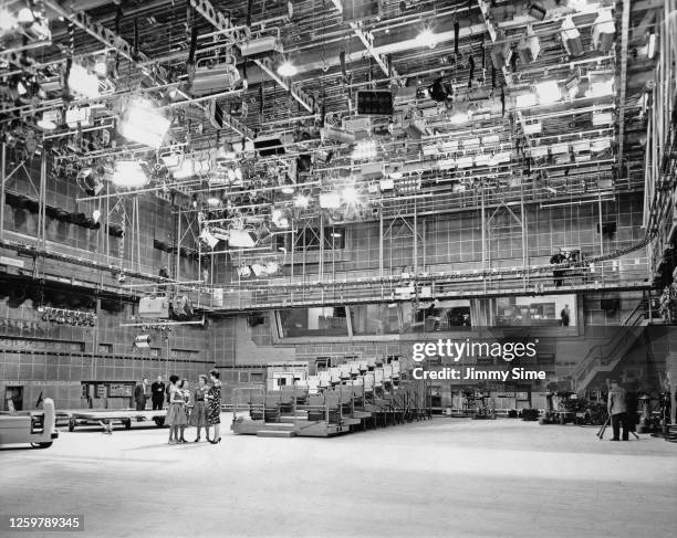 General view of Studio 3, with the lighting rig at the top of the image and a bank of telescopic seating below at the centre of the image, at BBC...