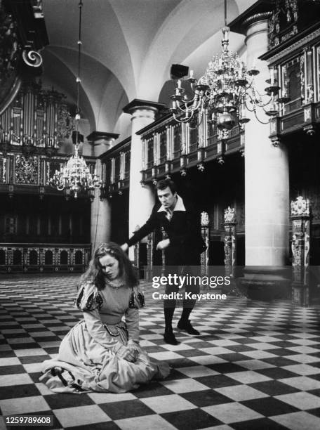 British actress Jo Maxwell Muller as Ophelia, with Canadian actor Christopher Plummer as Hamlet, during the recording of 'Hamlet at Elsinore' at...