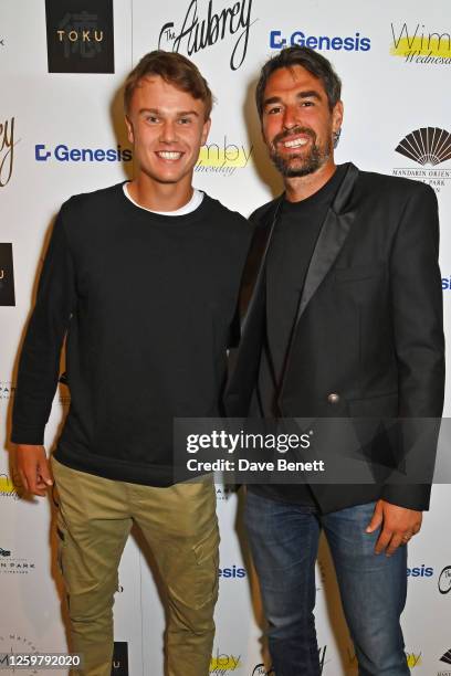 Danish tennis player Holger Rune and French tennis player Jérémy Chardy attend Wimby Wednesday hosted by The Aubrey at Mandarin Oriental Hyde Park on...