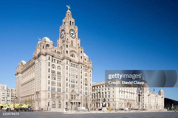 port of liverpool, cunard building and liver building make up 'the three graces', merseyside, uk - royal liver building stock pictures, royalty-free photos & images