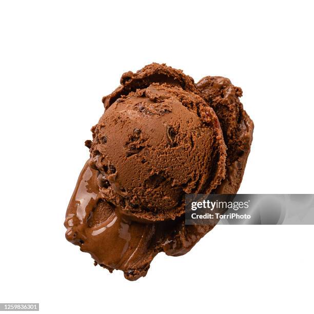 top view of chocolate gelato scoop isolated on white - sorvete chocolate chip - fotografias e filmes do acervo