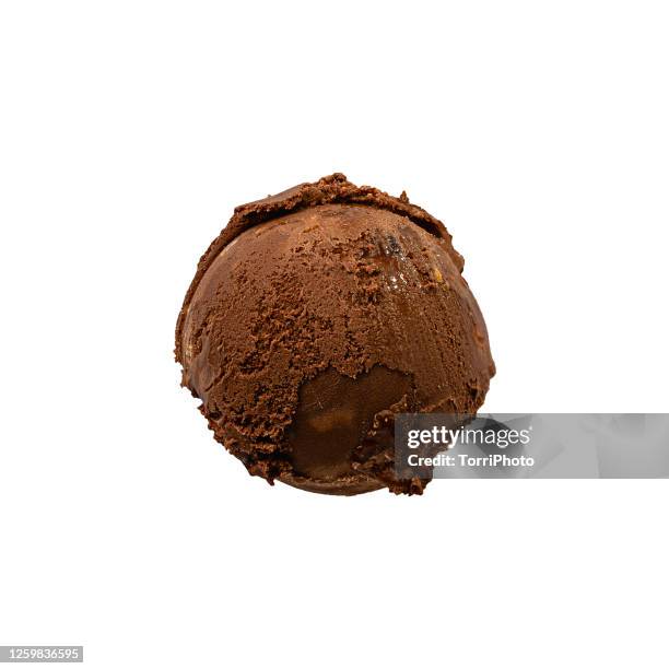 top view of chocolate gelato scoop isolated on white - cucchiaio dosatore foto e immagini stock
