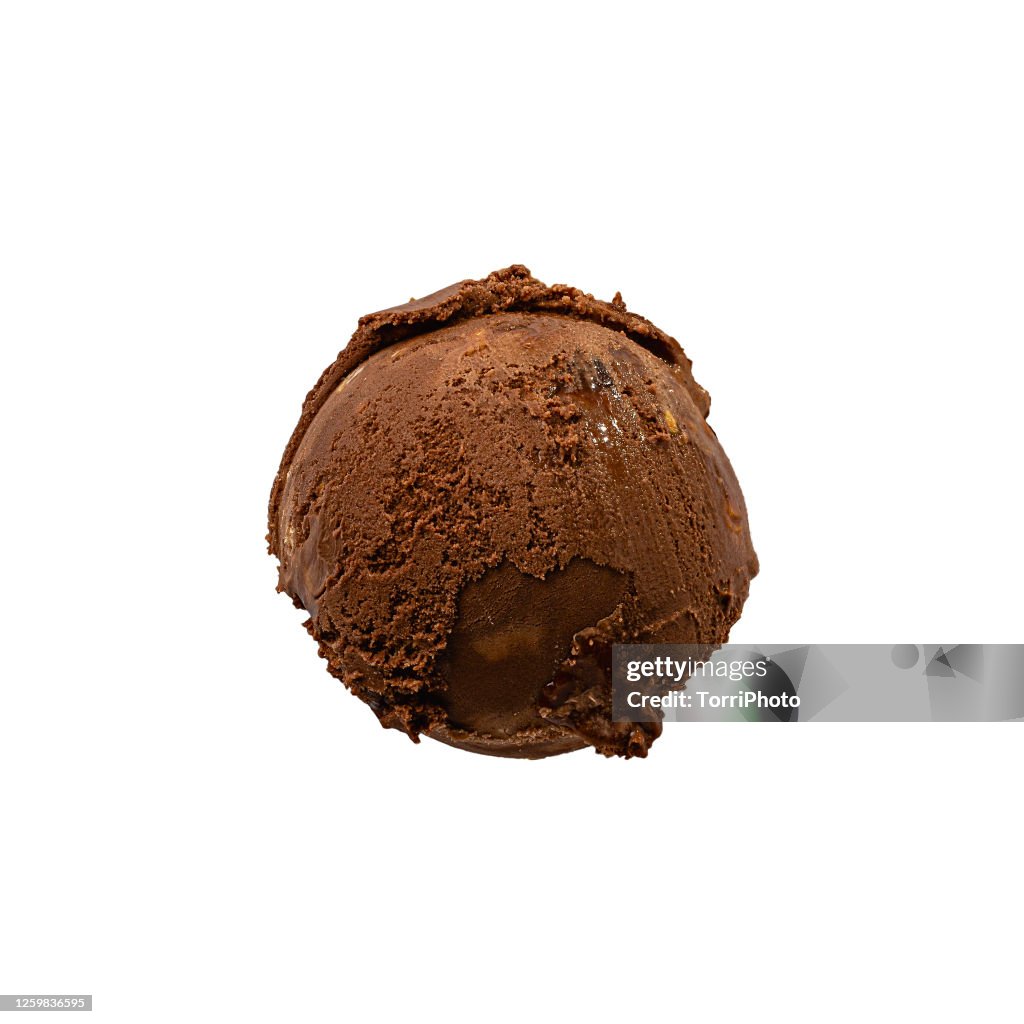 Top view of chocolate gelato scoop isolated on white