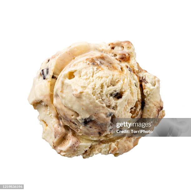 top view of vanilla gelato scoop with caramel isolated on white - chocolate chip stock pictures, royalty-free photos & images