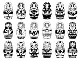 Russian dolls collection. Monochrome traditional female toy floral decoration moscow woman authentic russian faces vector set