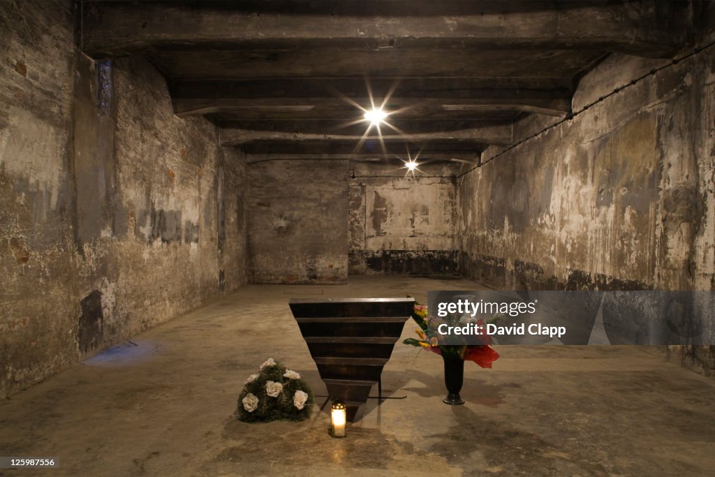 Inside main Gas Chamber where millions of prisoners were executed in Auschwitz Concentration Camp, Poland