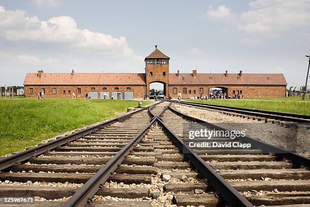 imposing entrance gates and railway lines at birkenau, auschwitz concentration camp in poland - auschwitz-concentration-camp photos et images de collection
